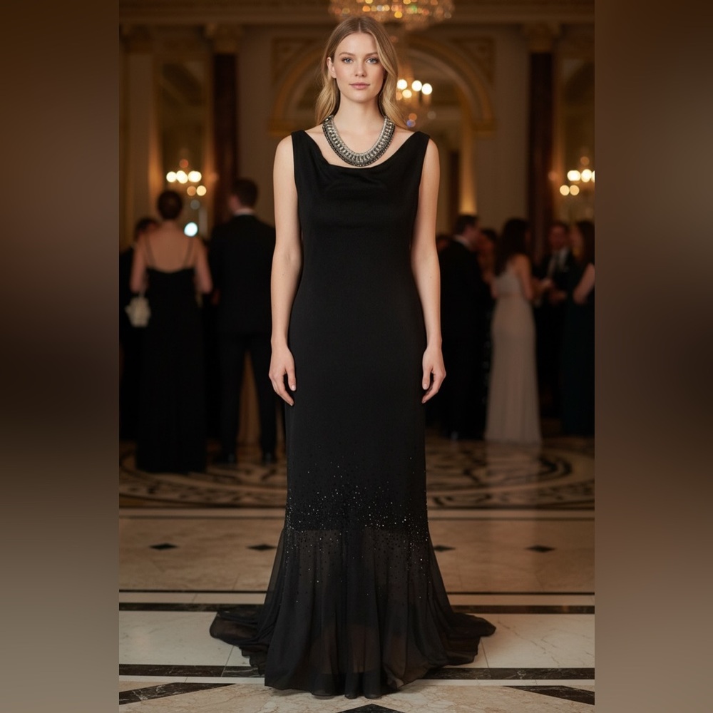 B Darlin Dress Gown Black Faceted Black Beads Small Train Sleeveless Dress
